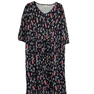WOMAN WITHIN EMPIRE WAIST 3/4 SLEEVE BLACK FLORAL PULLOVER DRESS 14/16